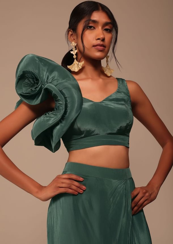 Jade Green Saree With Fancy One Side Flowered Shape Sleeve And Belt Jade Green Saree With Fancy One Side Flowered Shape Sleeve And Belt