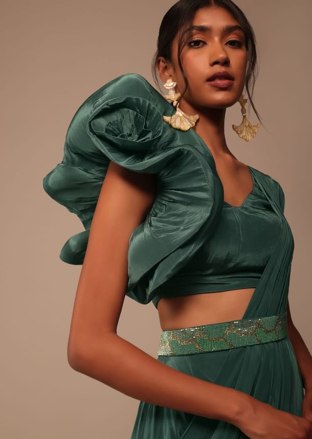 Jade Green Saree With Fancy One Side Flowered Shape Sleeve And Belt Jade Green Saree With Fancy One Side Flowered Shape Sleeve And Belt