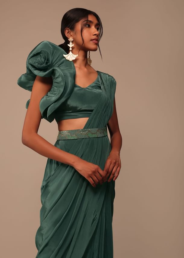 Jade Green Saree With Fancy One Side Flowered Shape Sleeve And Belt Jade Green Saree With Fancy One Side Flowered Shape Sleeve And Belt