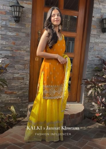 Chrome Yellow Sharara Suit In Chinon With Embroidery