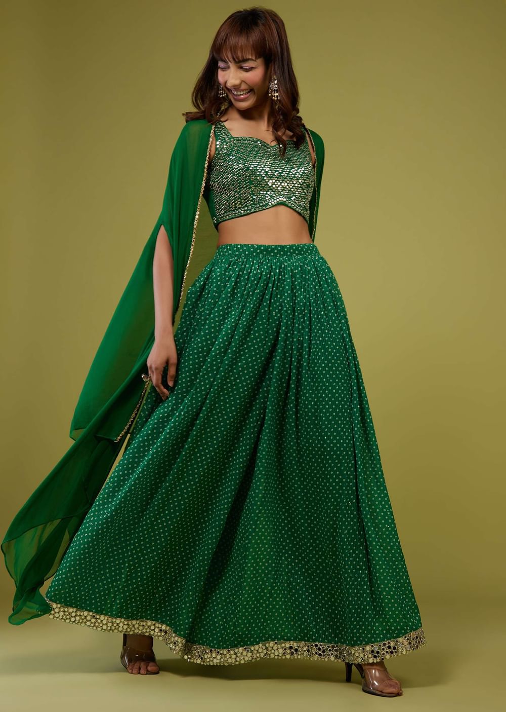 Forest Green Bandhani Print Palazzo Set In Georgette With Mirror Work