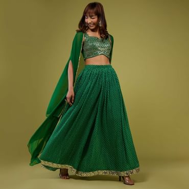 Forest Green Bandhani Print Palazzo Set In Georgette With Mirror Work