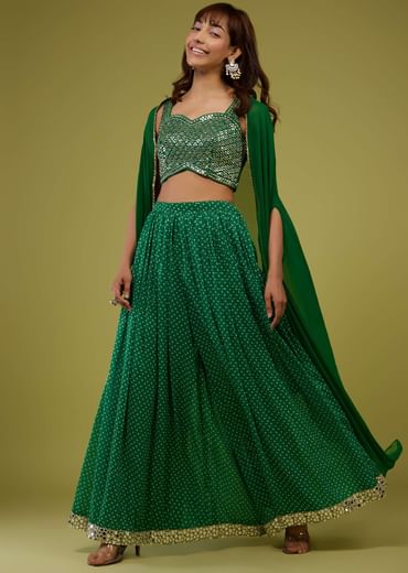 Forest Green Bandhani Print Palazzo Set In Georgette With Mirror Work