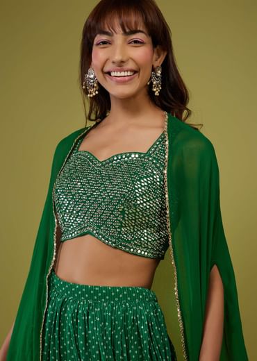 Forest Green Bandhani Print Palazzo Set In Georgette With Mirror Work