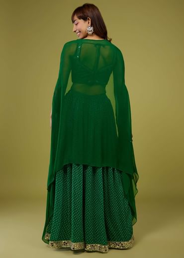 Forest Green Bandhani Print Palazzo Set In Georgette With Mirror Work