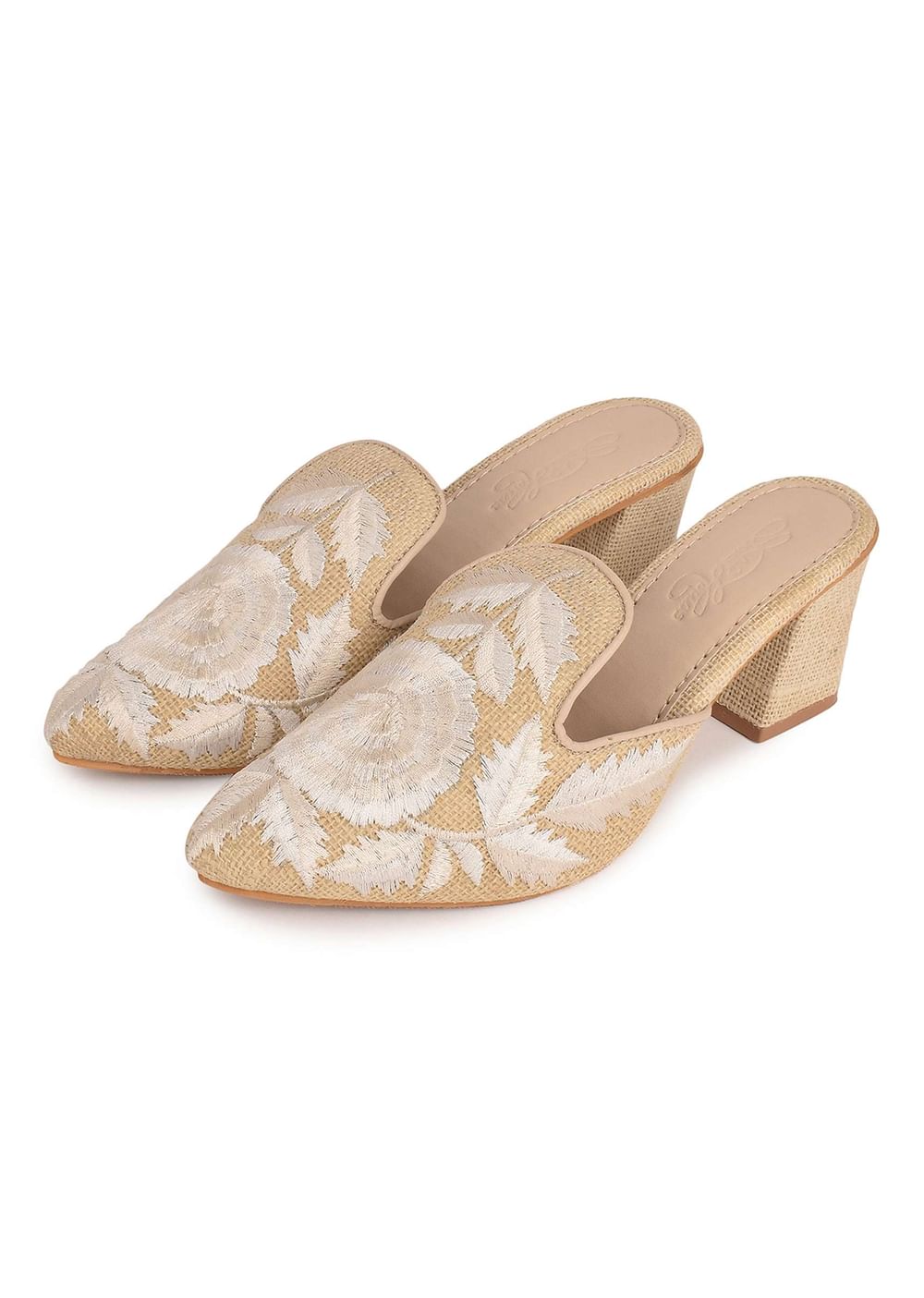 Jute High Collar Mules With Cream Embroidered Flowers And Trapeze Heels By Sole House