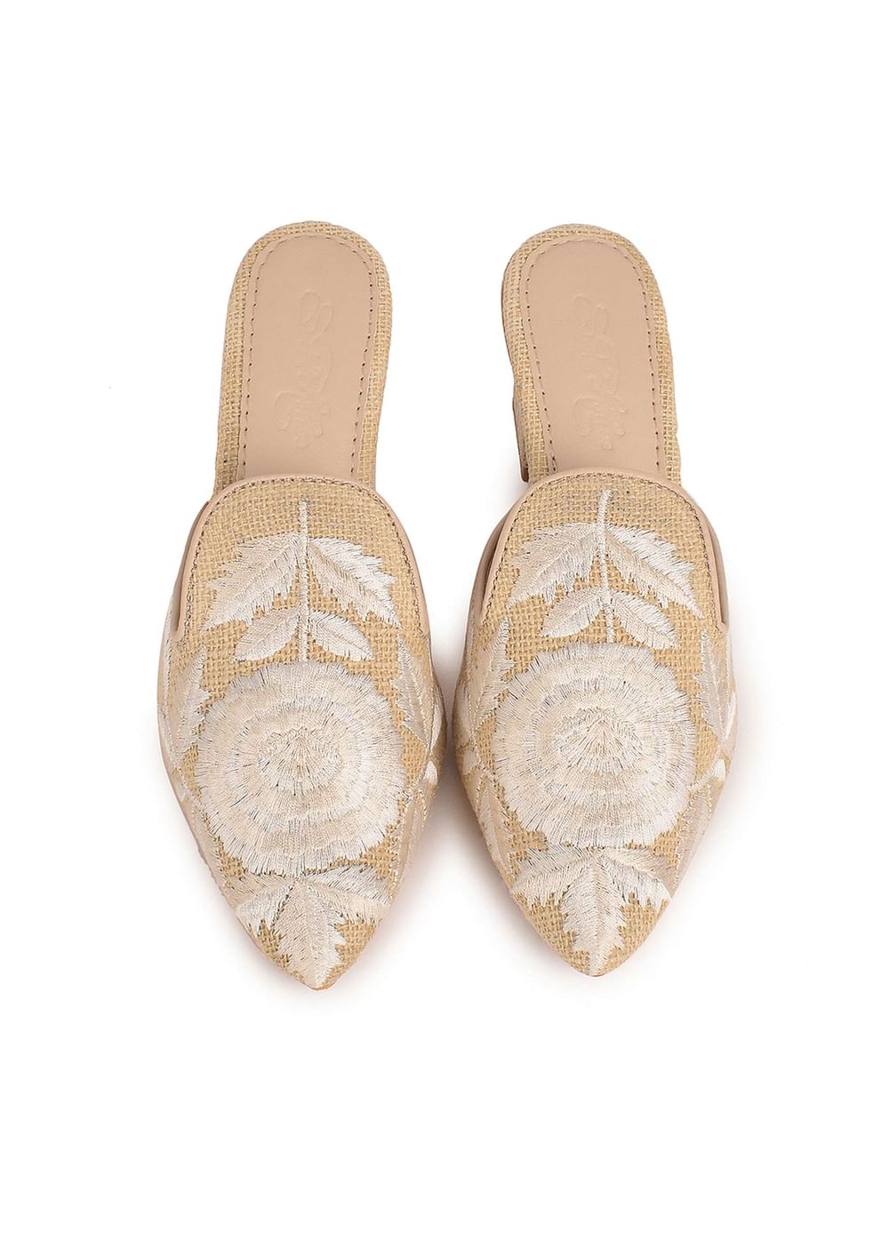 Jute High Collar Mules With Cream Embroidered Flowers And Trapeze Heels By Sole House
