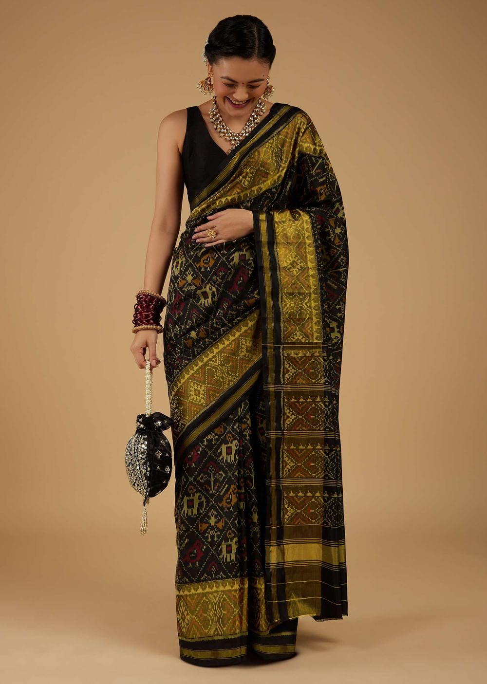 Bright Moss Green & Black Saree In Pure Silk Tissue With Ikat Weave & Zari Patola Work