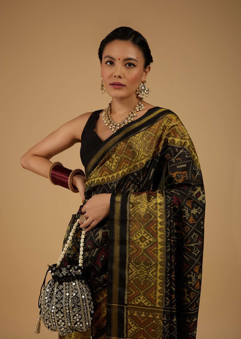 Bright Moss Green & Black Saree In Pure Silk Tissue With Ikat Weave & Zari Patola Work