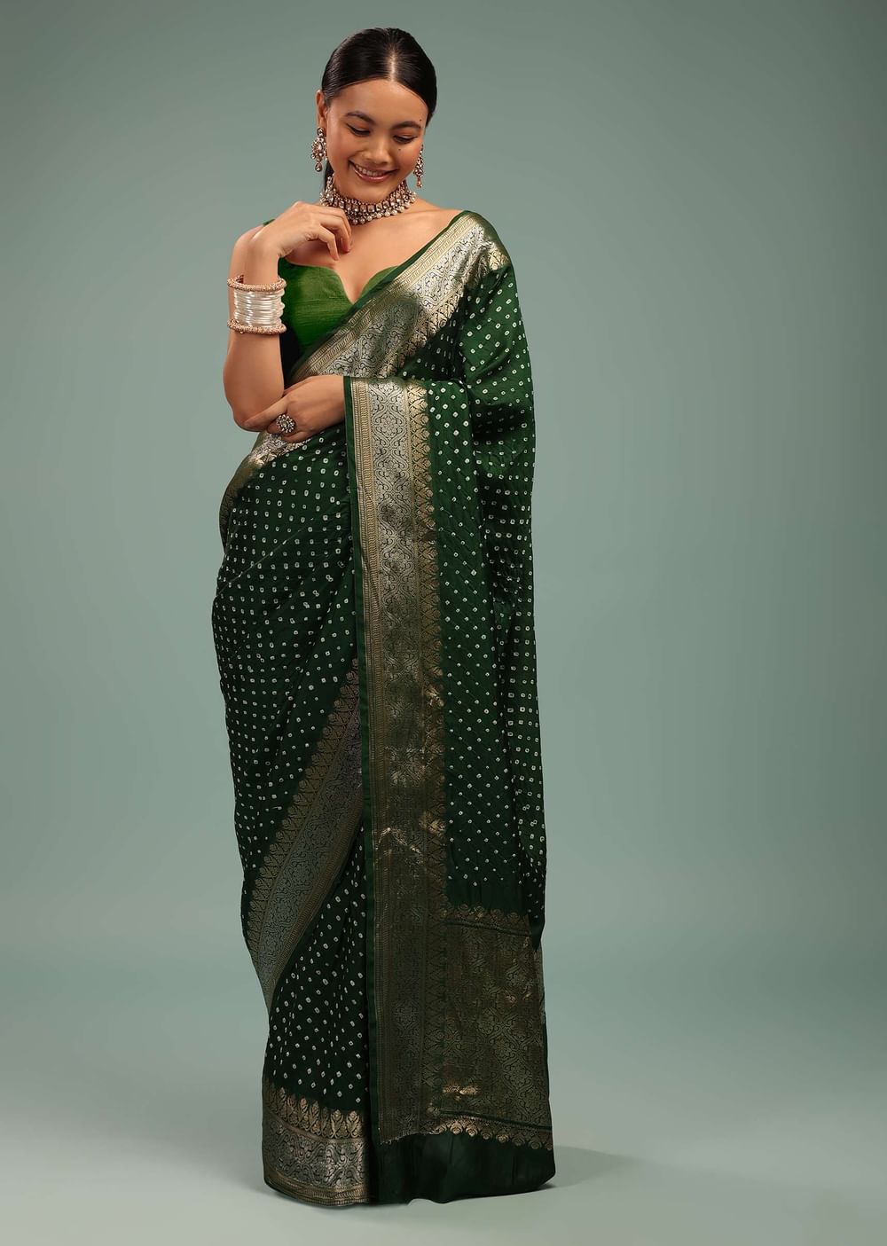 Deep Green Saree In Silk With Bandhani Print And Handwoven Brocade Floral Embroidery