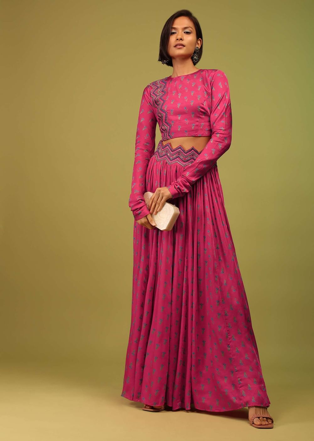 Azalea Pink Crop Top And Lehenga In Cotton Silk With Floral Print & Embroidery