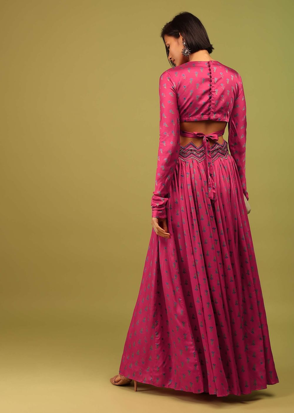 Azalea Pink Crop Top And Lehenga In Cotton Silk With Floral Print & Embroidery