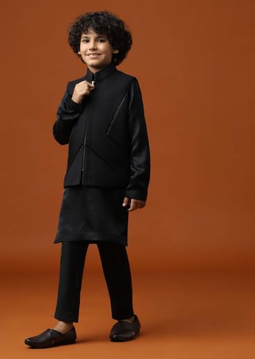 Kalki Black Embroidered Terry Rayon Jacket And Silk Kurta Set For Boys