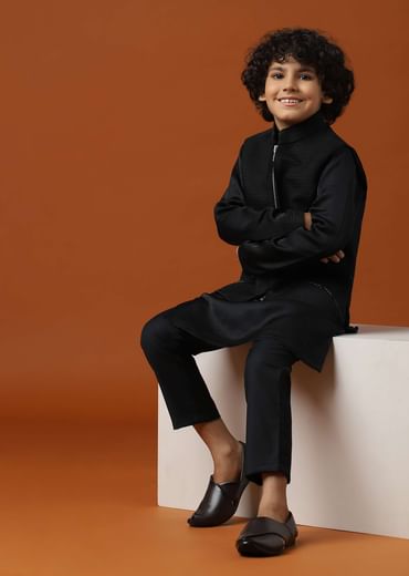 Kalki Black Embroidered Terry Rayon Jacket And Silk Kurta Set For Boys