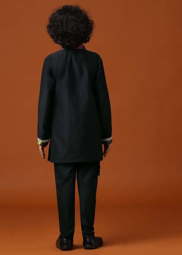 Kalki Black Printed Kurta Pant Set In Cotton Silk For Boys