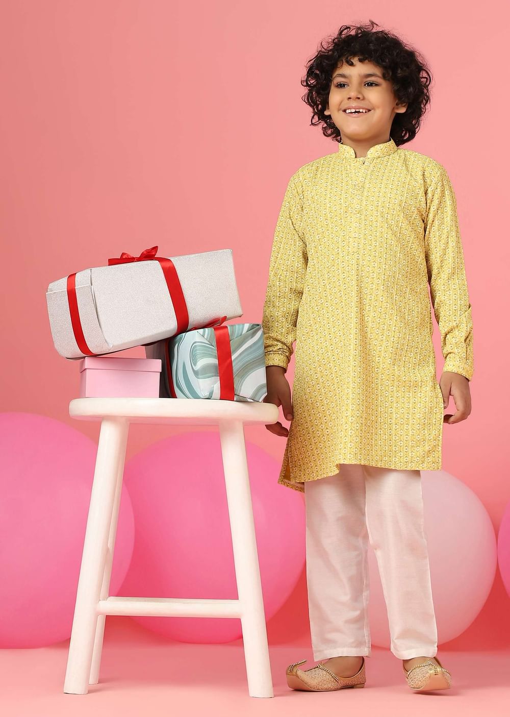 Kalki Blazing Yellow Kurta Set In Silk With Threadwork For Boys