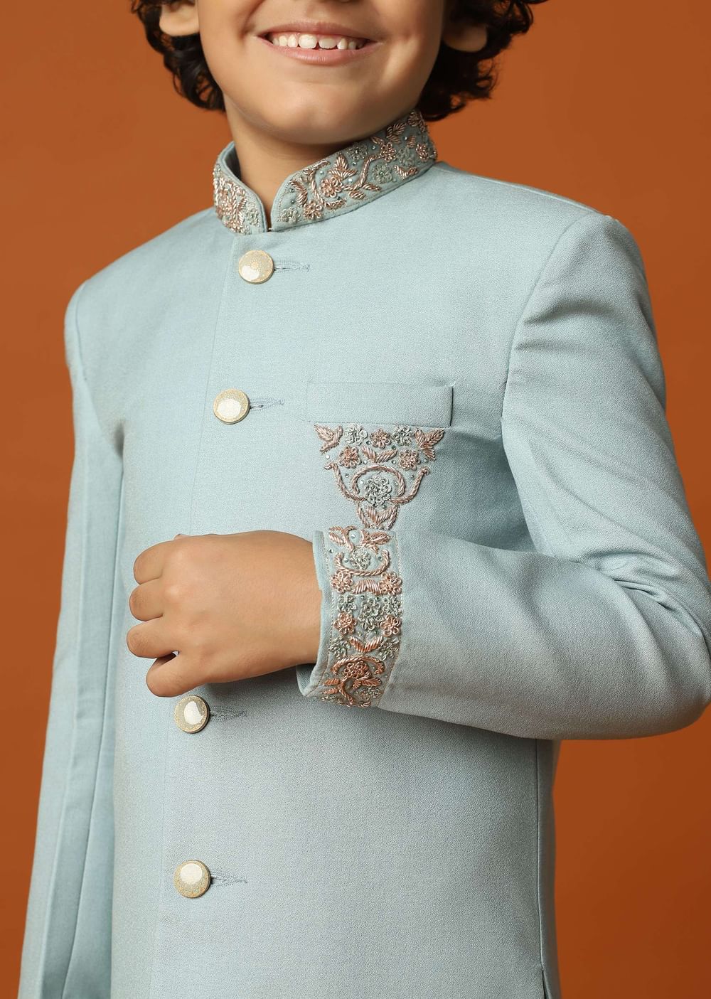 Blue sherwani set in suiting fabric