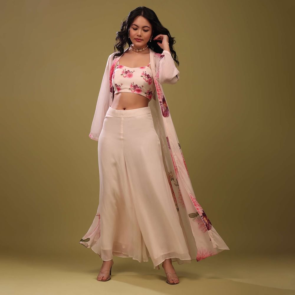 Bright White Palazzo Top Set With Shrug In A Breezy Floral Print And Embroidery