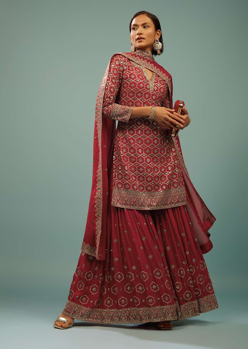 Valentine Red Sharara Suit In Georgette With Embroidery