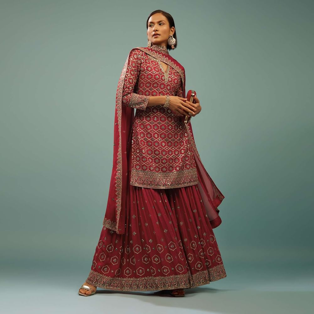 Valentine Red Sharara Suit In Georgette With Embroidery