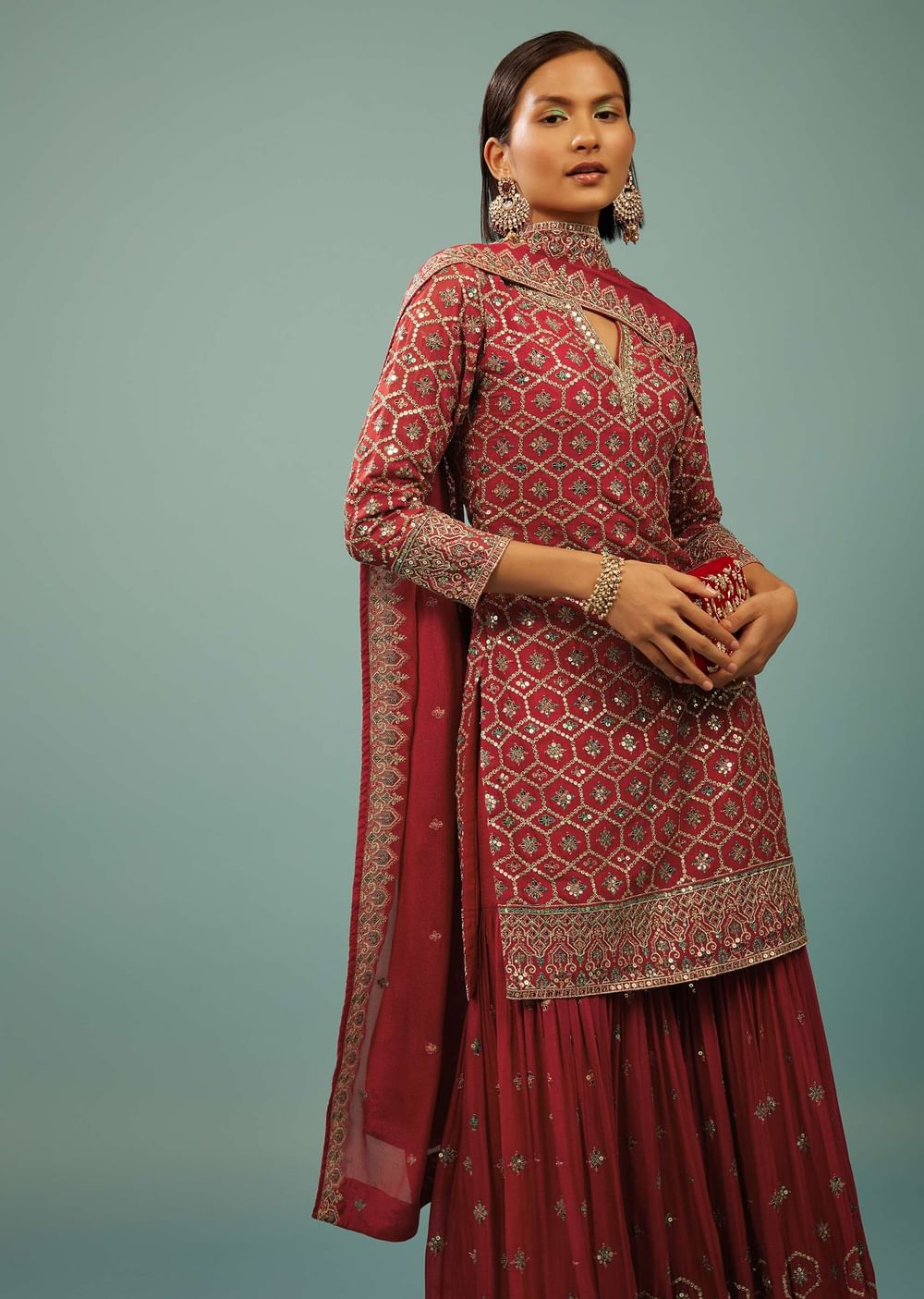 Valentine Red Sharara Suit In Georgette With Embroidery