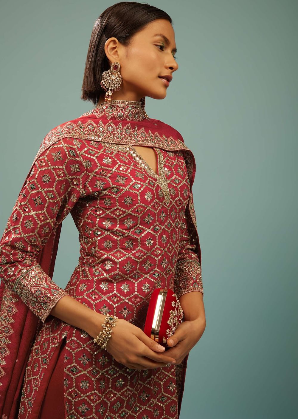 Valentine Red Sharara Suit In Georgette With Embroidery