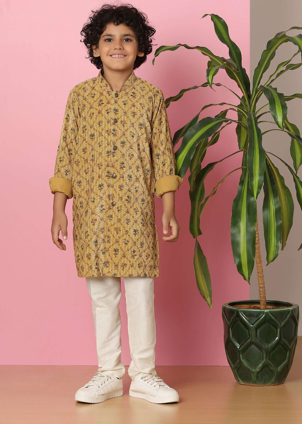 Kalki Chrome Yellow Boys Kurta Set In Silk With Sequins And Threadwork