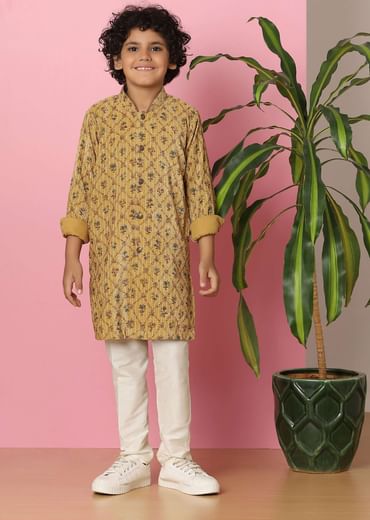 Kalki Chrome Yellow Boys Kurta Set In Silk With Sequins And Threadwork