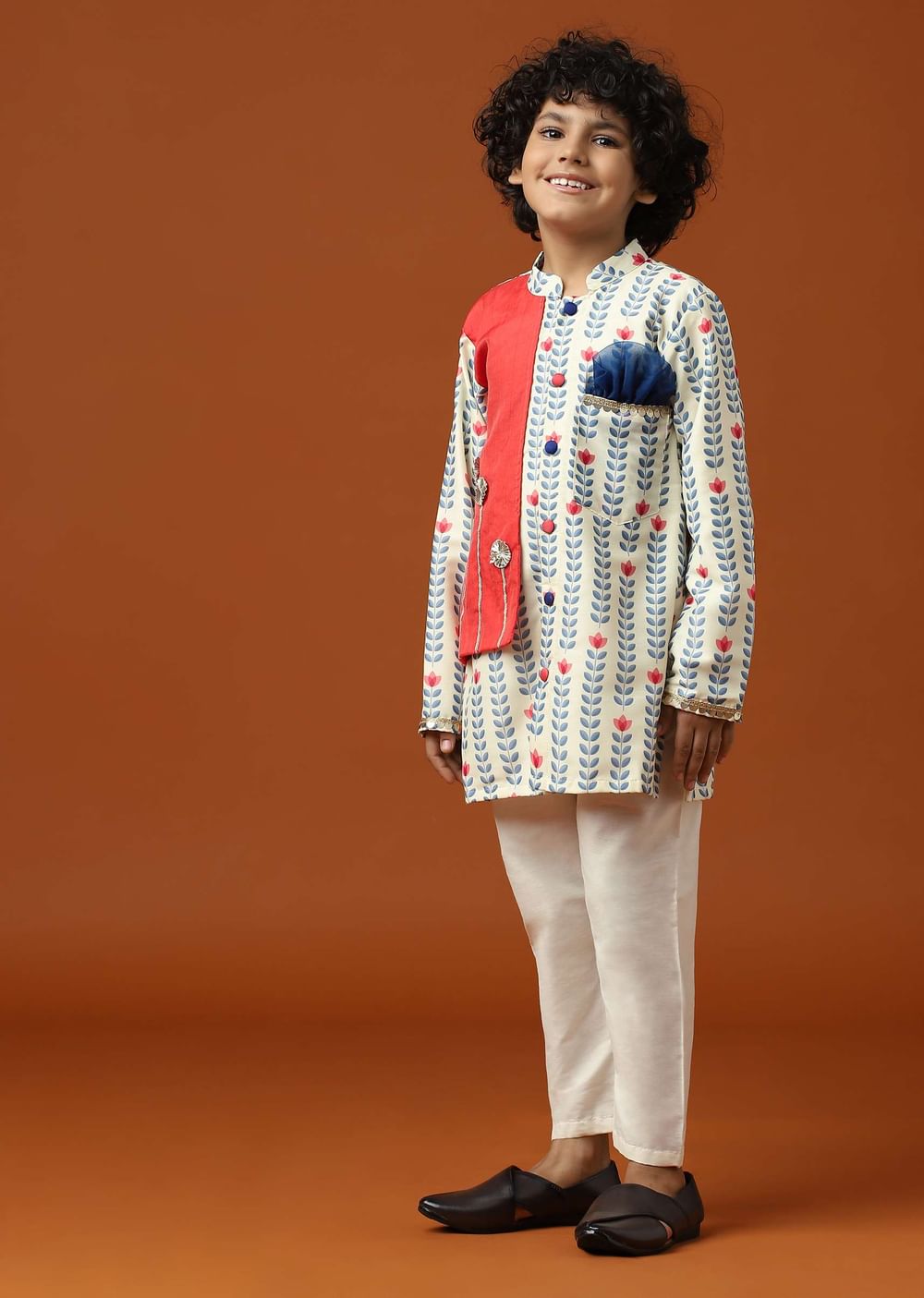 Kalki Coral White Printed Kurta Set In Cotton Silk For Boys