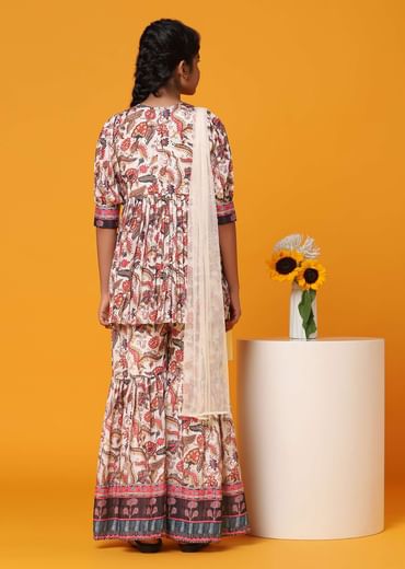 Kalki Cream White Printed Kurti And Palazzo Set In Georgette For Girls