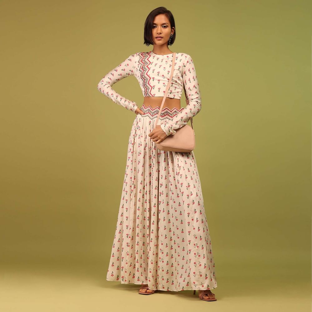 Daisy White Crop Top And Lehenga In Cotton Silk With Floral Print & Embroidery