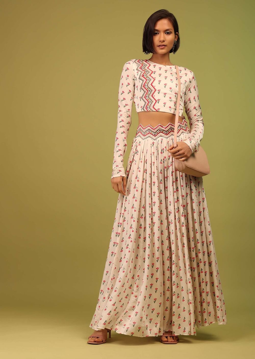 Daisy White Crop Top And Lehenga In Cotton Silk With Floral Print & Embroidery