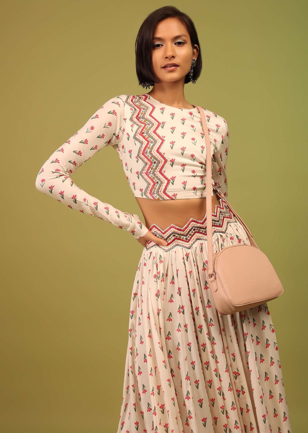 Daisy White Crop Top And Lehenga In Cotton Silk With Floral Print & Embroidery