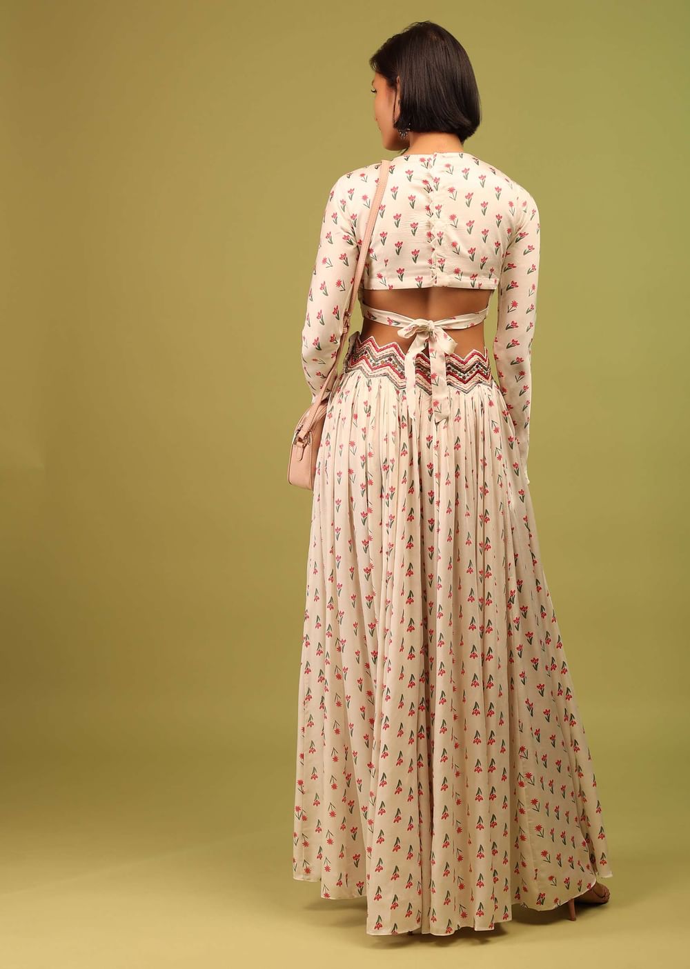 Daisy White Crop Top And Lehenga In Cotton Silk With Floral Print & Embroidery