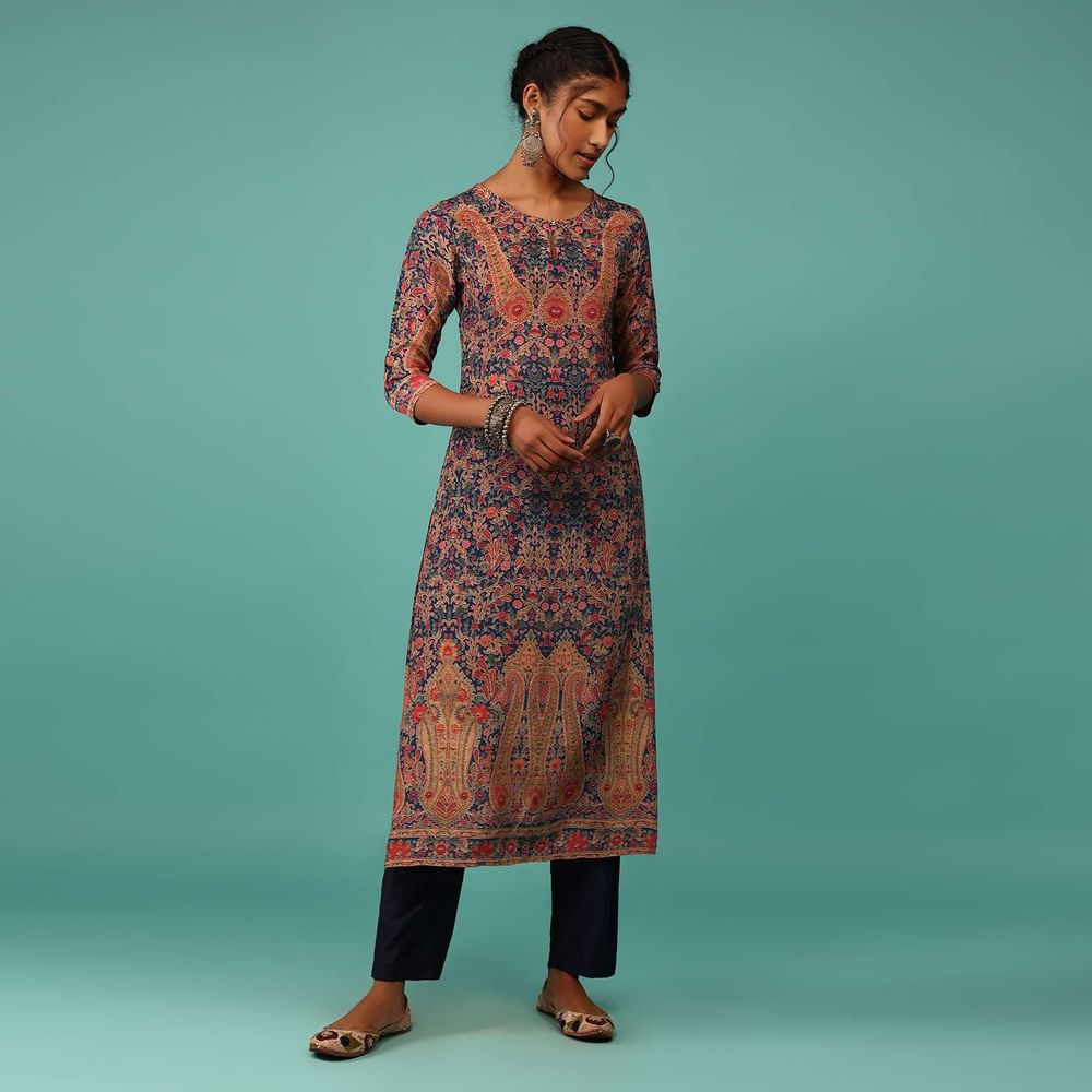 Teal Blue Kurta In Crepe With Kashmiri Floral Print And Embroidery