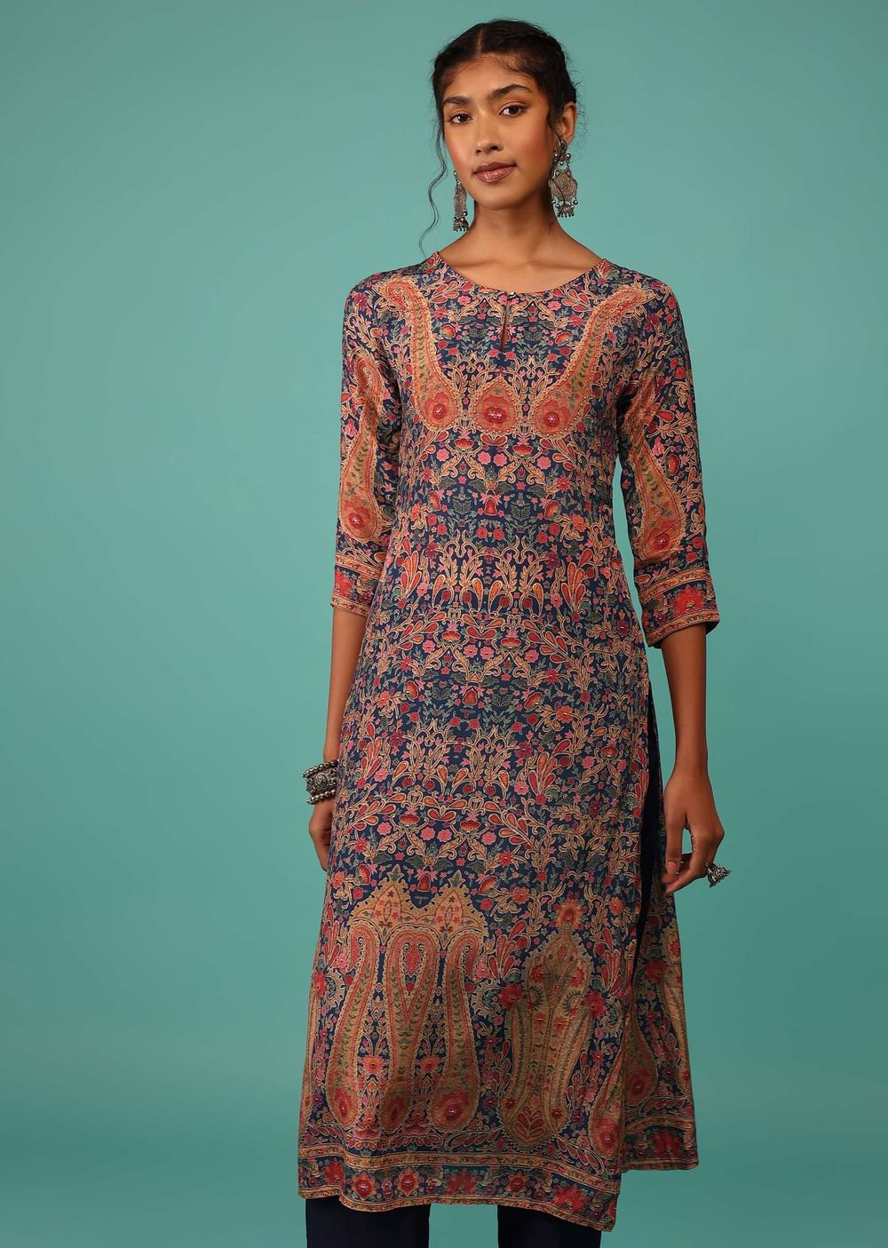 Teal Blue Kurta In Crepe With Kashmiri Floral Print And Embroidery