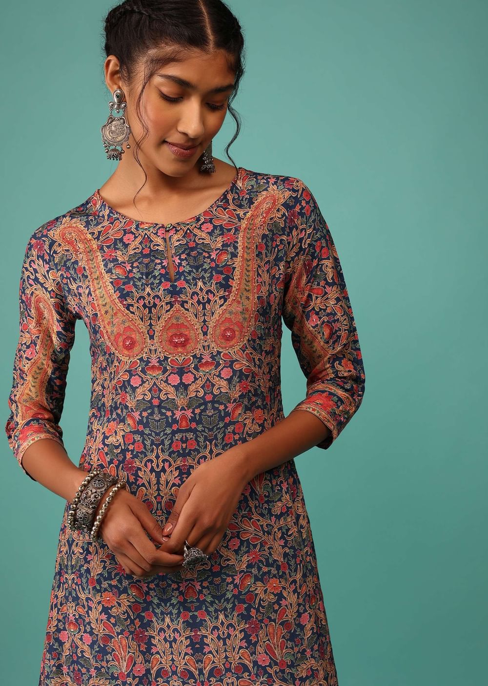 Teal Blue Kurta In Crepe With Kashmiri Floral Print And Embroidery