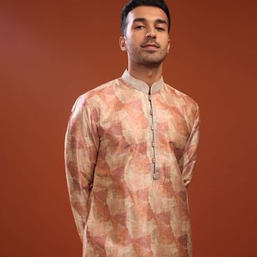 Peach Kurta Set In Bangalore Silk With Print And Brocade Weave Buttis