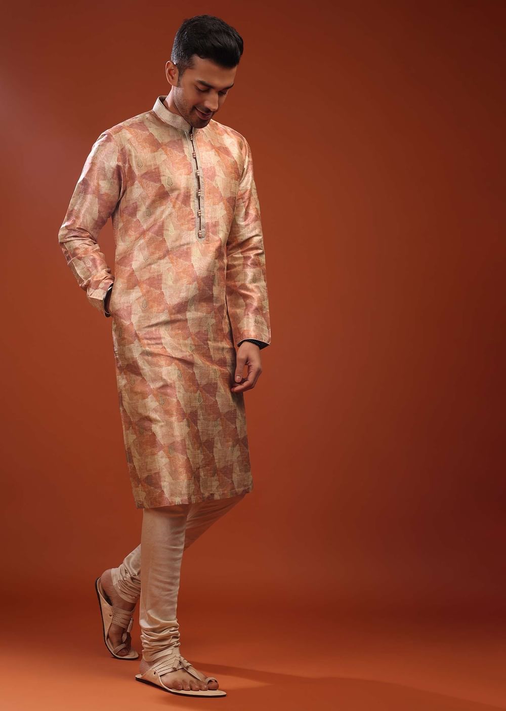Peach Kurta Set In Bangalore Silk With Print And Brocade Weave Buttis
