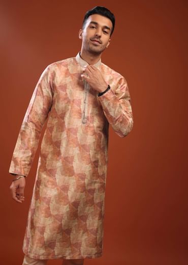 Peach Kurta Set In Bangalore Silk With Print And Brocade Weave Buttis