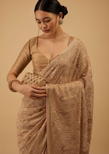 Beige Brown Saree Kashmiri Embroidered In Georgette