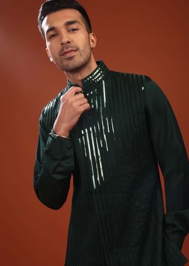 Forest Green Sherwani Set For Groomsmen In Mini Silk