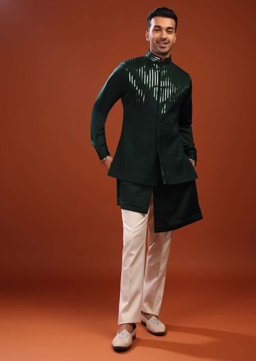 Forest Green Sherwani Set For Groomsmen In Mini Silk