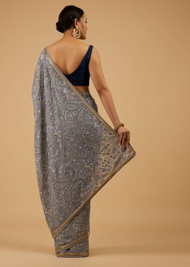Powder Blue Festive Saree Kashmiri Embroidered In Georgette
