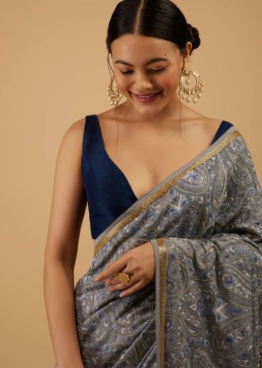 Powder Blue Festive Saree Kashmiri Embroidered In Georgette