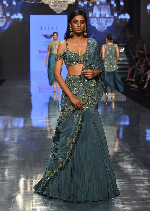 Mint Blue Pure Crepe Pleated Lehenga Set With Attached Dupatta - NOOR 2022