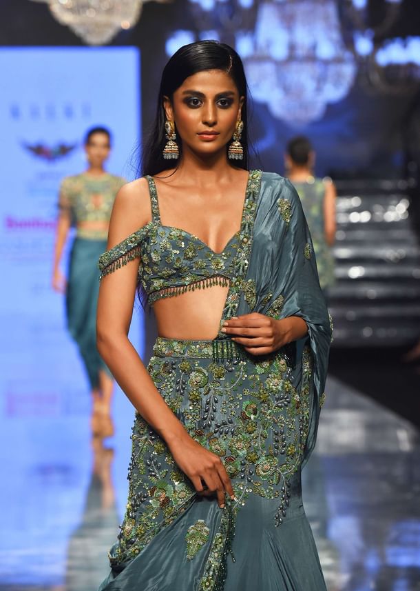 Mint Blue Lehenga Set In Pure Crepe Embroidered With Attached Dupatta - NOOR 2022