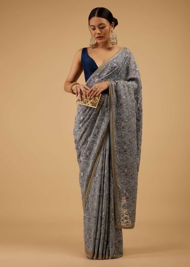 Festive Fog Grey Saree Kashmiri Floral Embroidered In Georgette