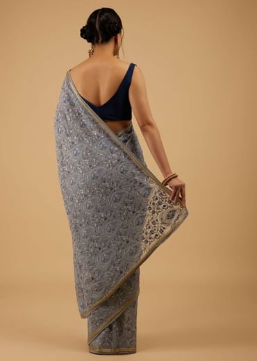Festive Fog Grey Saree Kashmiri Floral Embroidered In Georgette