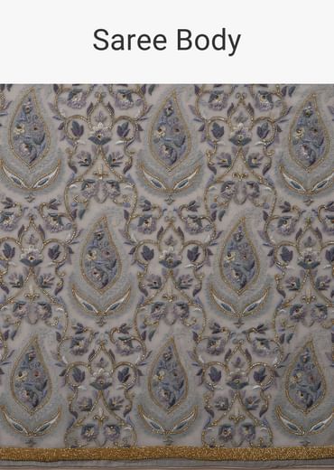 Festive Fog Grey Saree Kashmiri Floral Embroidered In Georgette